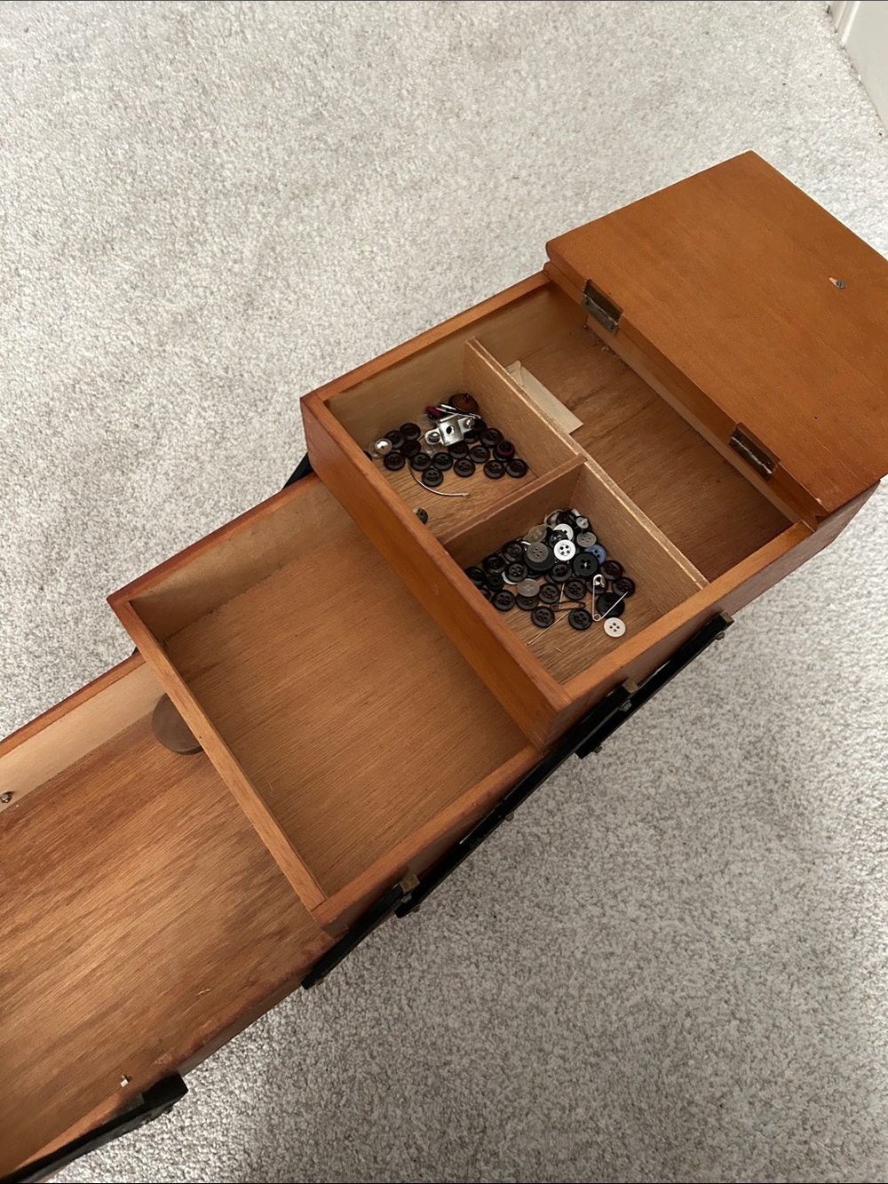 Vintage Wooden Sewing Box with Black Accents and feet. - Picture 4 of 15